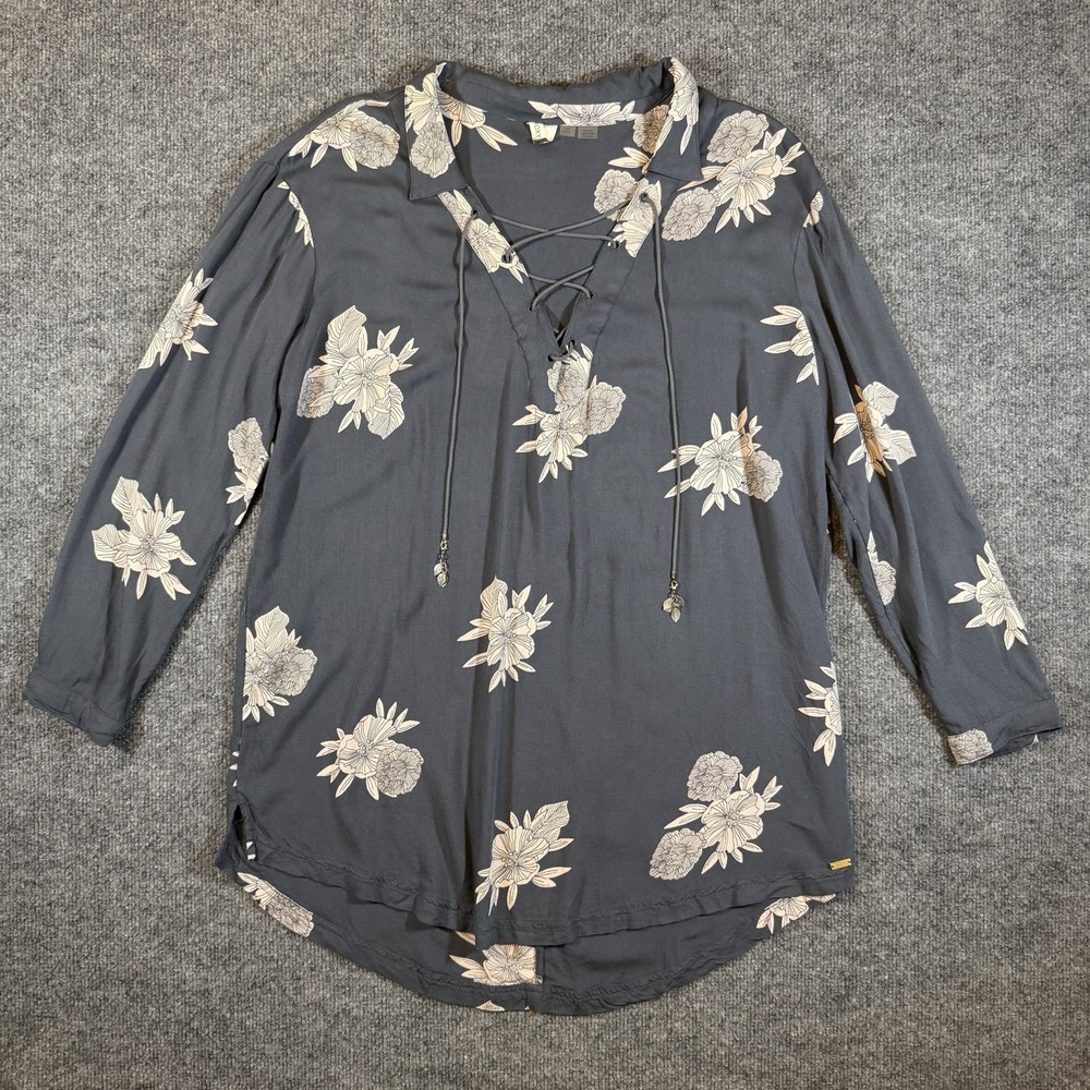Roxy Womens M Long Sleeve Floral Peasant Tunic Lace Up V-Neck Boho Relaxed